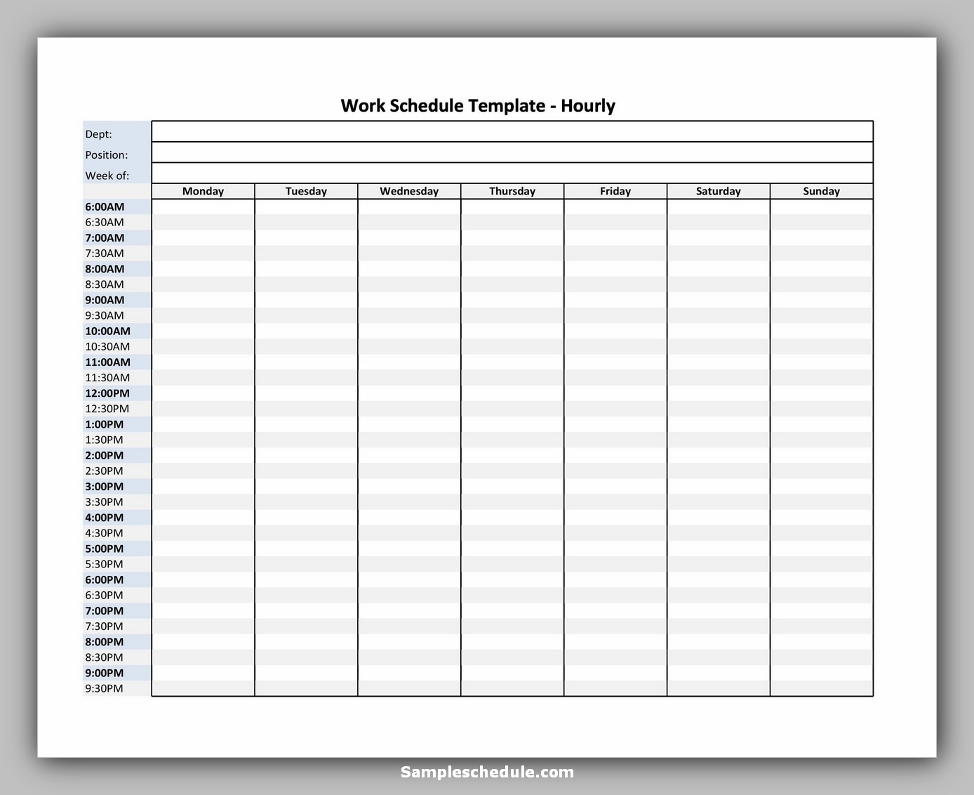 weekly working hours schedule template
