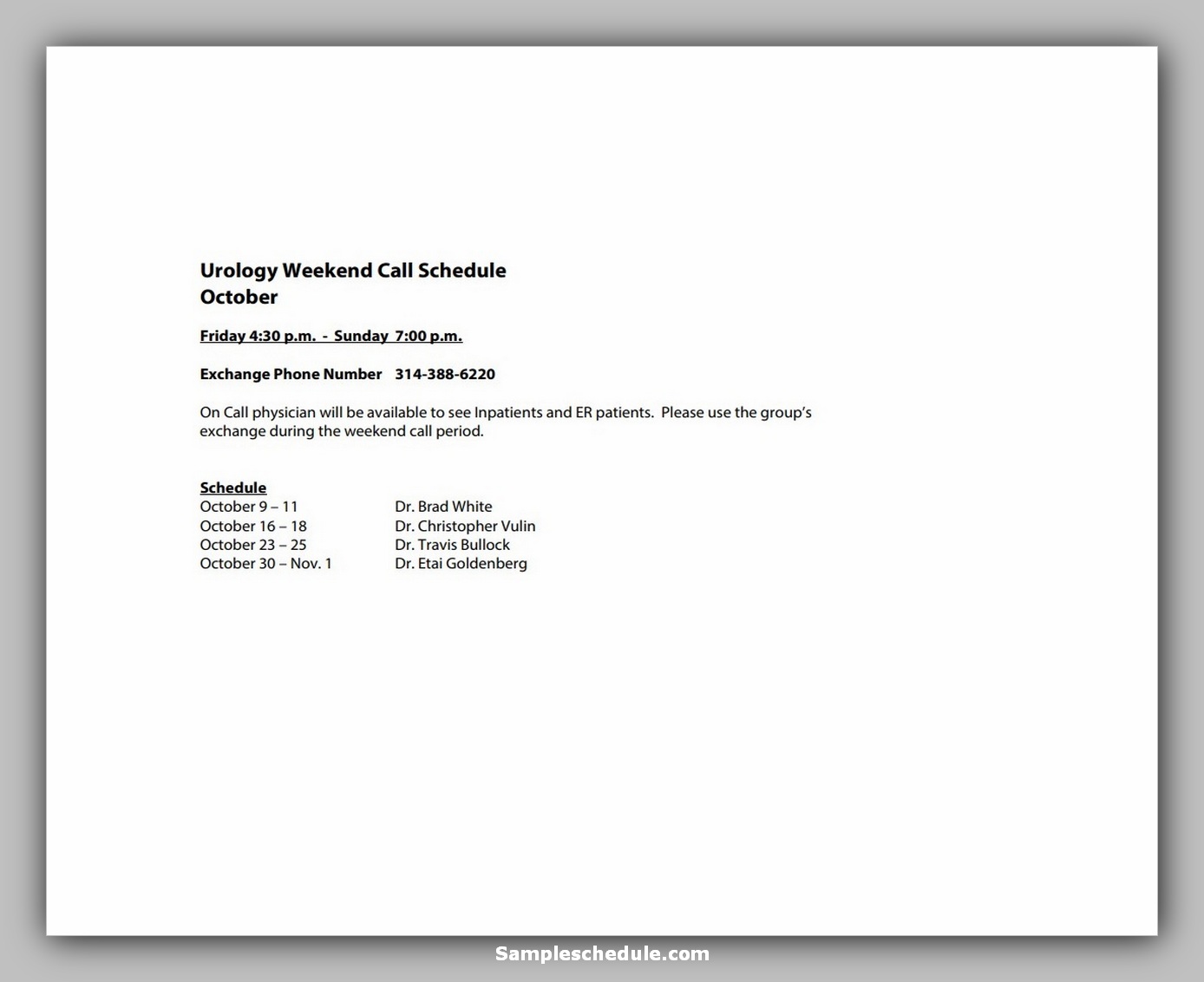 on call schedule template - sample schedule