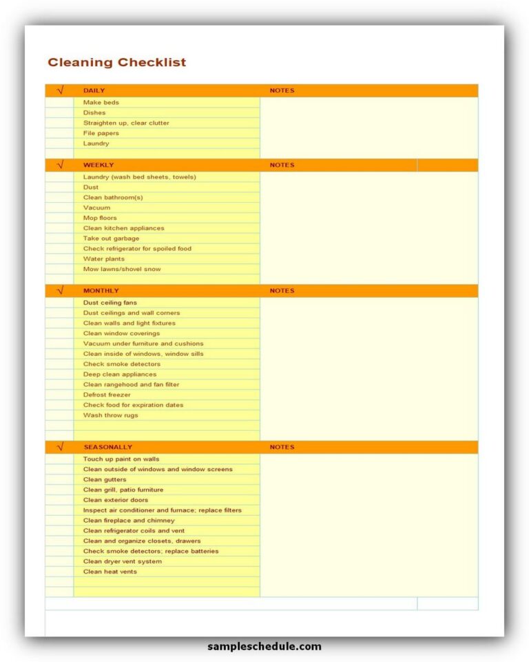 5+ Free Cleaning Checklist Template Excel - sample schedule