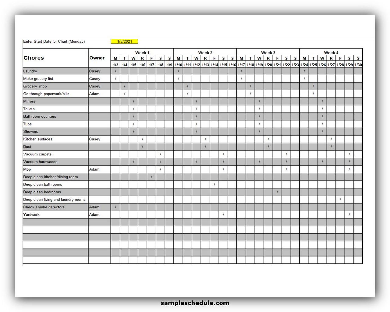 5+ Free Cleaning Checklist Template Excel - sample schedule