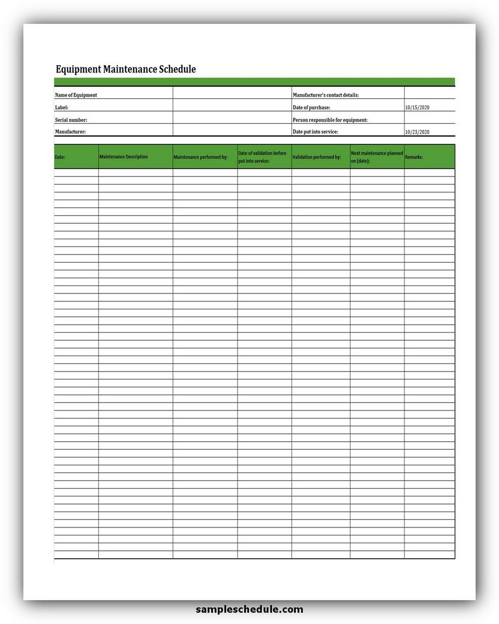 Equipment Schedule Template Excel Martin Printable Calendars