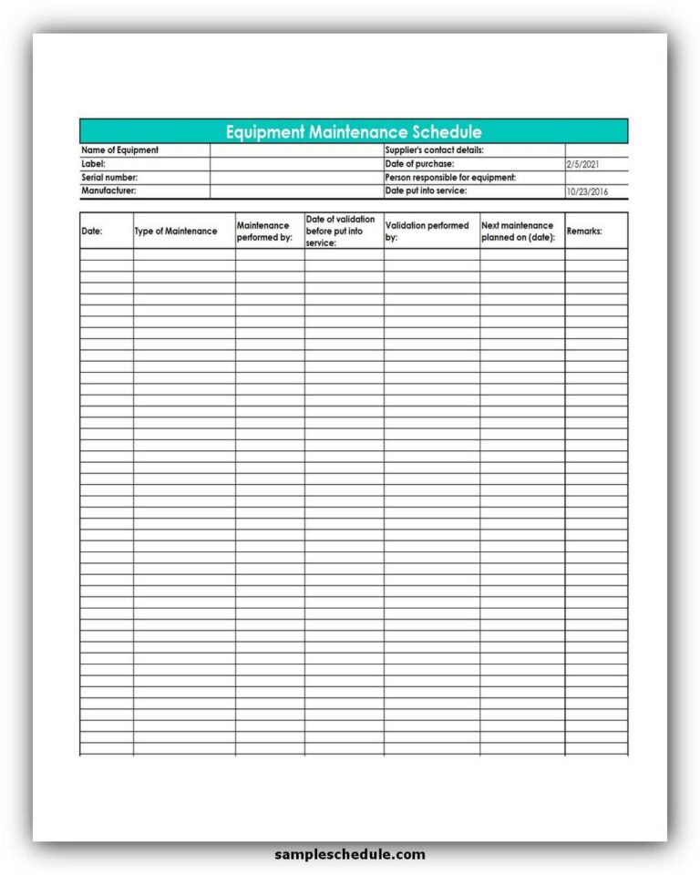 5 Free Equipment Maintenance Schedule Template Excel - Sample Schedule