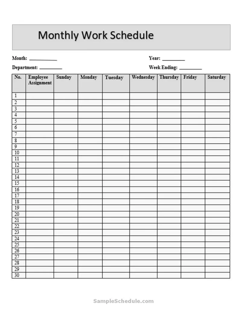 23+ Free Monthly Work Schedule Template - sample schedule